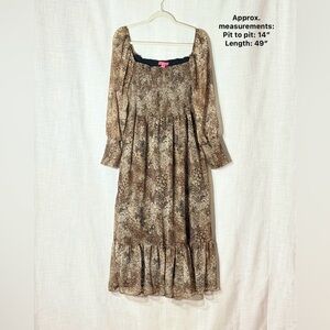 Betsy Johnson Animal Print Smocked Midi Dress Ruffle Hem M